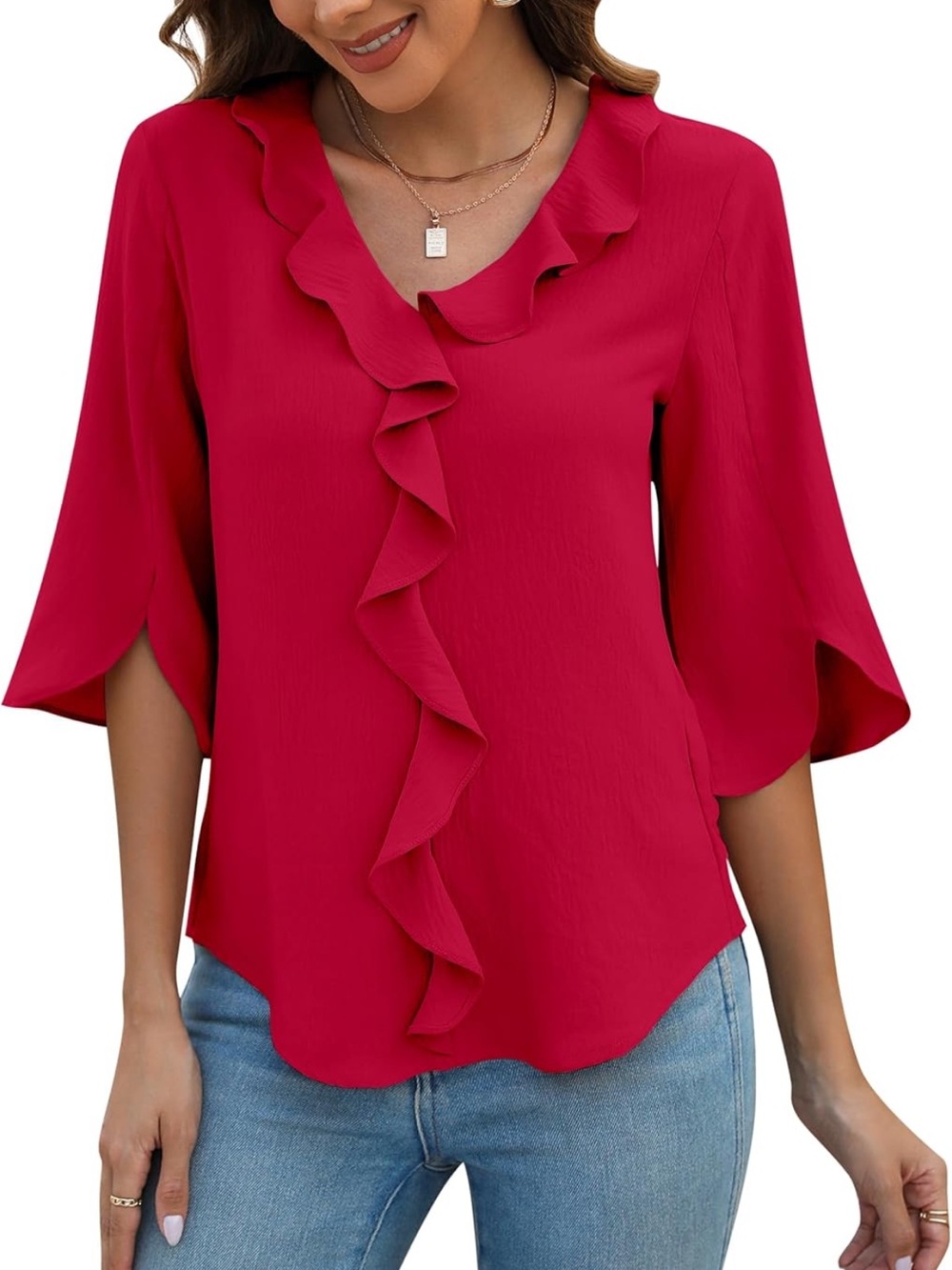 Women’s red v-neck ruffle flowy blouse size XL